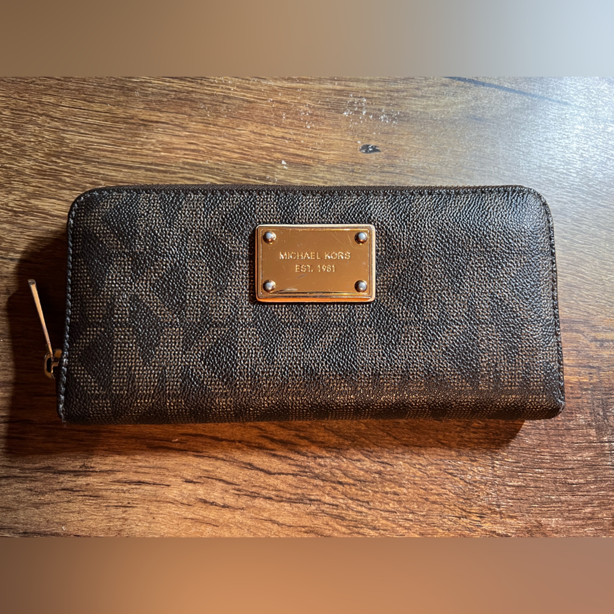 Michael Kors Brown Signature Leather Zip Wallet